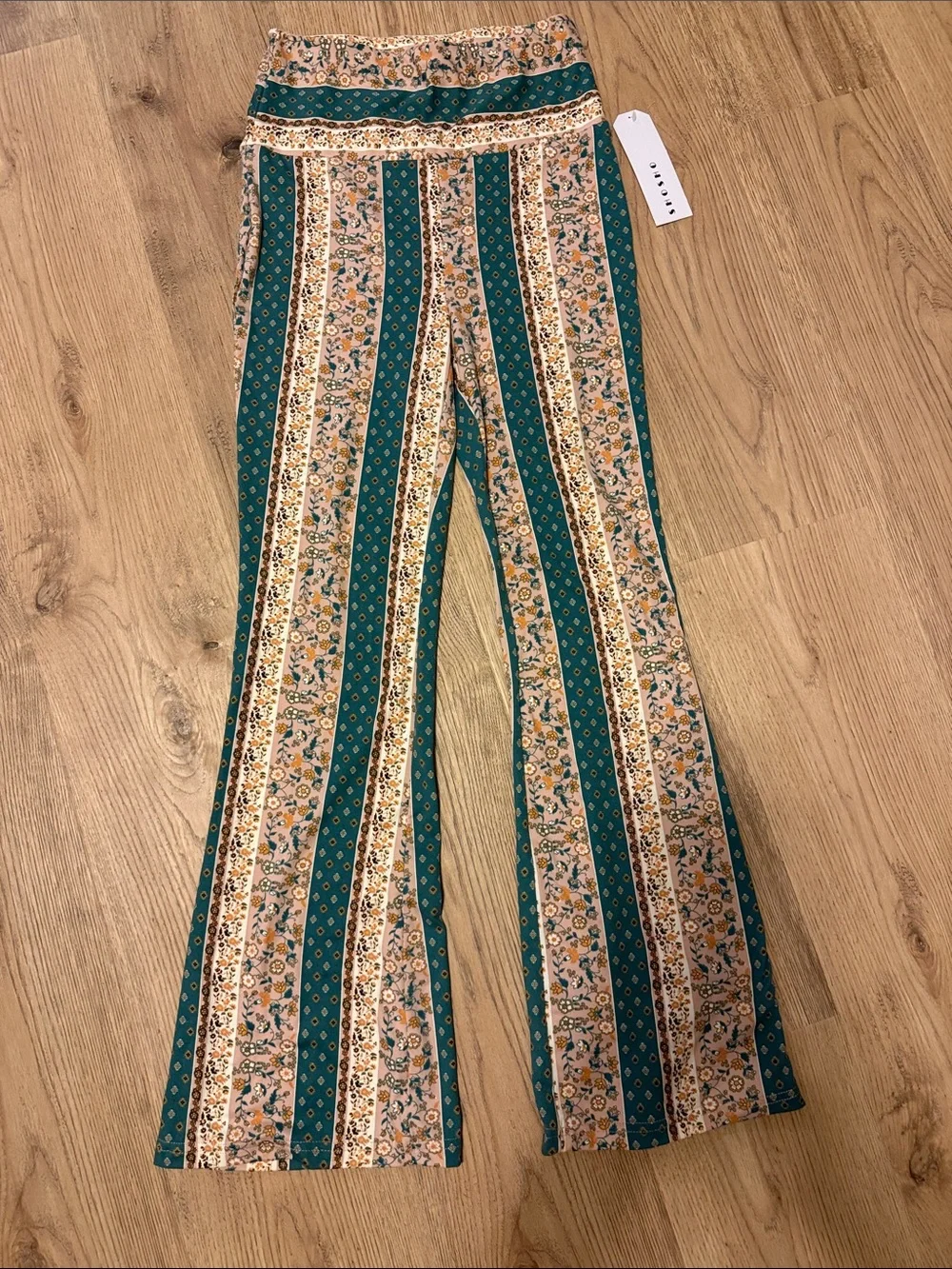 shosho Teal and Beige Striped Floral Flare Pants - Picture 4 of 7